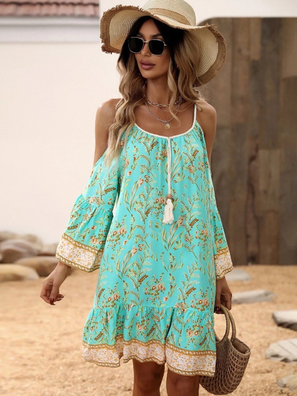 Floral Print Cold Shoulder Tassel Trim Ruffle Hem Dress, Beach Outfit, size L